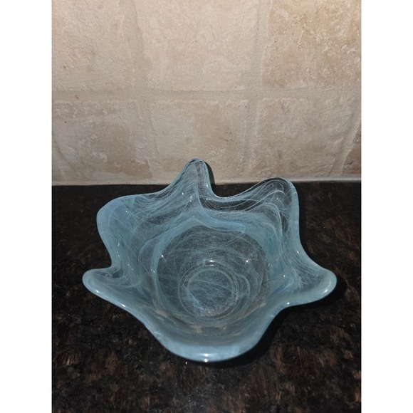 Unbranded Other - Vintage Murano Style Art Glass Ruffled Bowl Blue Swirl Alabaster Glass 6 Inch